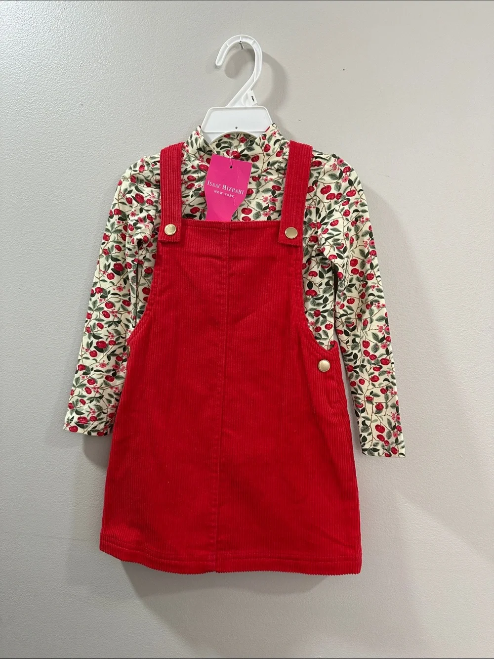 Isaac Mizrahi Red Corduroy Pinafore Dress with Cherry Print Tee